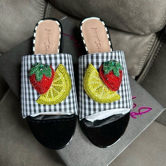 Betsey Johnson Black and White Gingham Sandals with Strawberry Appliqué - Picture 5 of 9